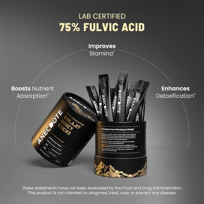 Anecdote Pure Himalayan Shilajit Honey Sticks - 100% Pure Resin with 85+ Trace Minerals & 75% Fulvic Acid - Organic Honey & Saffron Infused - 30 Sticks