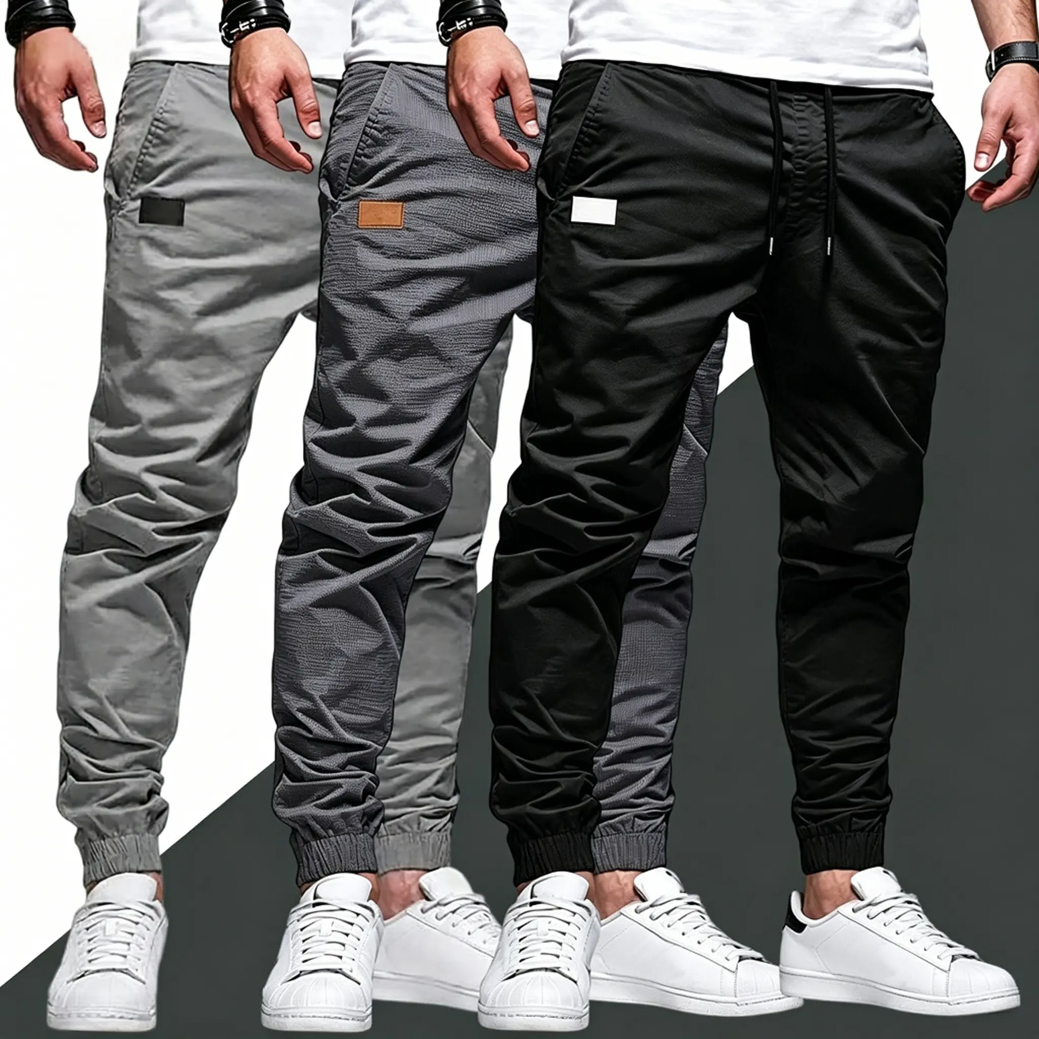 Mens Outdoor Loose Cargo Pants 3-Pack - Polyester Fabric, Adjustable Drawstring Waist, Leather Tag Detail, Multi-Color Options, Stylish Casual, Lightweight Breathable, Suitable for Hiking, Light Outdoor, Everyday Wear, Menswear Bottoms