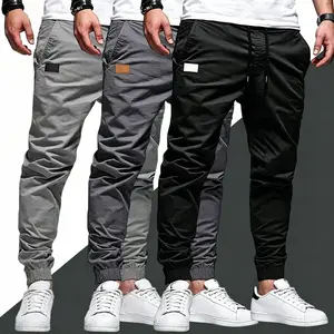 3-pack men’s outdoor loose cargo pants — polyester fabric, adjustable drawstring waist design, leather tag detail, available in multiple colors, stylish casual, lightweight and breathable, suitable for hiking, camping, and everyday casual wear