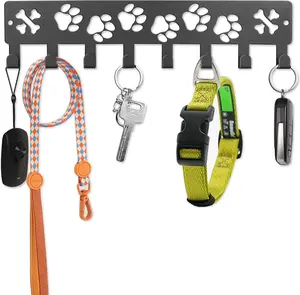 Key Holder Wall Mount & Dog Leash Holder for Wall, Metal Key Rack with 8 Hooks for Entryway/Hallway/Kitchen Decor, Dog Paws Design Wall Organizer 11.8×2.6 Inch with Screw Anchors (Black-Paws) FEUNLEM
