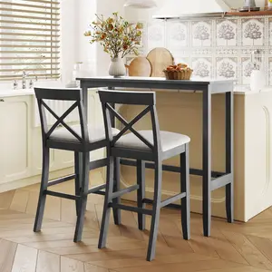 Farmhouse 48" Rectangular Wood Bar Height Dining Set Kitchen Breakfast Nook with 2 Chairs for Small Places, Gray+Beige