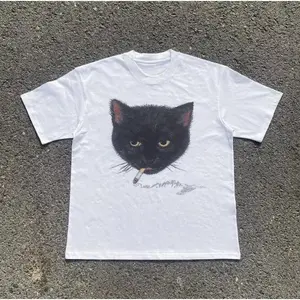 Y2k Smocking Cat T-Shirt, Unisex Vintage Graphic Tees Gothic Grunge Y2k Emo Scene Amity Affliction Style Clothes Men Women Streetwear