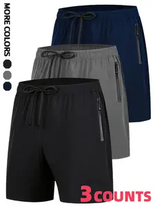 Men’s plus-size 3-pack shorts — extra-large size, thick, breathable, stretchy athletic shorts with zippered pockets; suitable for outdoor sports like running, fitness, cycling, and swimming.