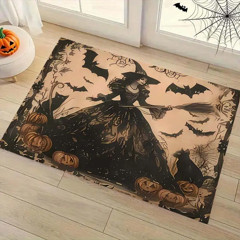 Halloween Witch & Pumpkin Pattern Rug, Polyester Fiber Indoor Carpet Decor, Home Office Bedroom Dining Room Decoration Gift