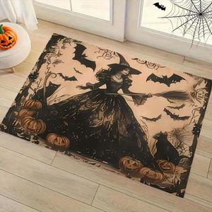 halloween witch & pumpkin pattern rug, polyester fiber indoor carpet decor, home office bedroom dining room decoration gift, decorative