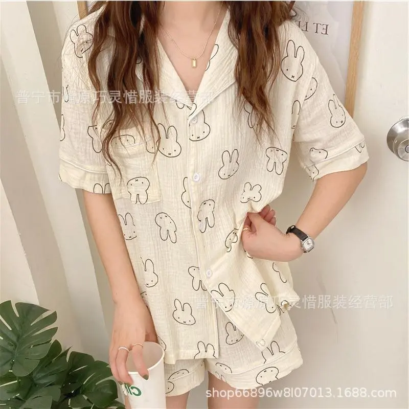 Miffy Kawaii Rabbit 2-Piece Casual Loose-Fitting Pyjamas Set, Lightweight Breathable Short-Sleeve Top & Short Pant Cartoon Loungewear for Stress Relief Toy Enthusiasts