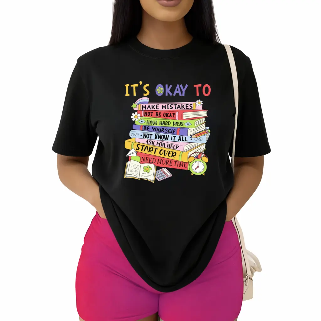 It's Okay To Make Mistakes Mental Health Awareness T-Shirt - Inspirational Graphic Tee for Students and Teachers, Positive Quote Motivational Shirt, Casual Crew Neck Aesthetic Apparel for Self-Compassion and Personal Growth Gift