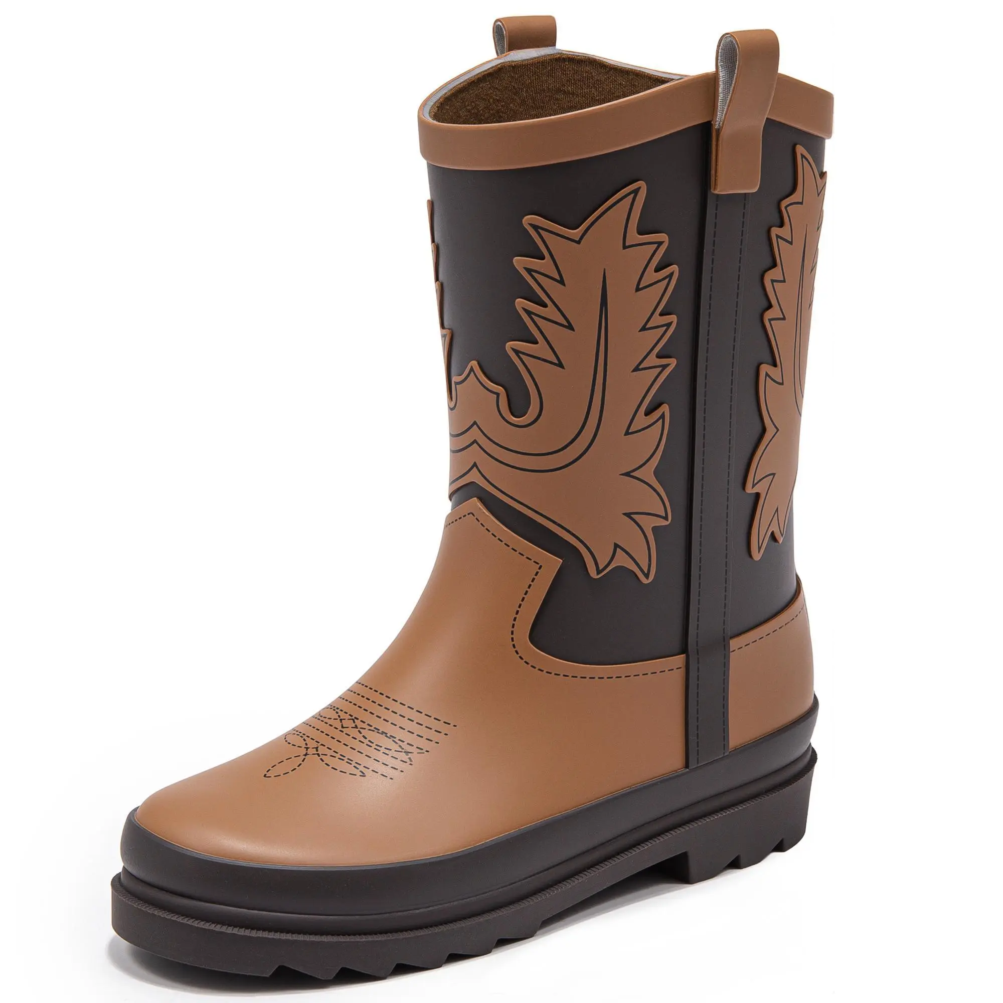 Cowboy Style Kids' Rubber Rain Boots, Mid-Calf Non-Slip Waterproof Round Toe Slip-On Comfy Fit Boots for Boys & Girls, Toddler to Big Kid, for Mud Puddles, Farm Use