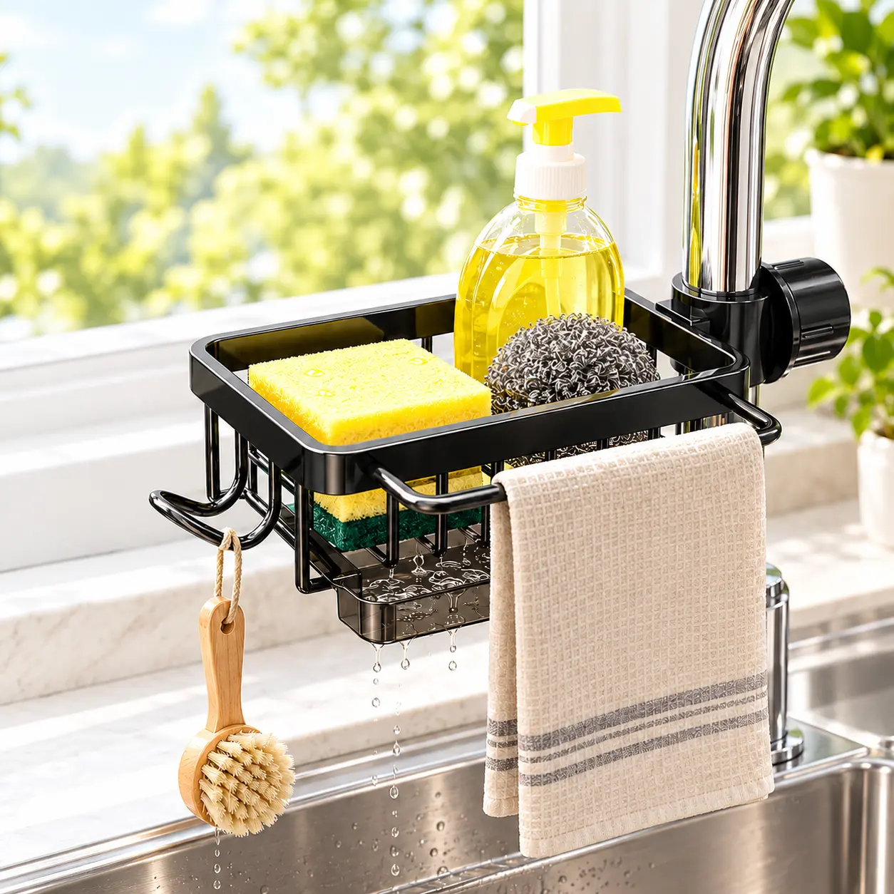 Sink Organizer ,Hanging Faucet   with Drip Tray Stainless Steel Detachable Sink Faucet Sponge Holder Over Faucet for  and Bathroom,Scrubbers, Soap,Brush rack kitchen