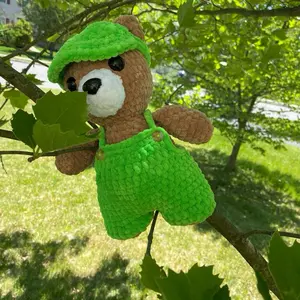 Handmade Crochet Teddy Bear in Green Overalls & Fitted Cap Soft Blanket Yarn Plush Toy with Safety Eyes 9x7 Inches United States Made Gift for Everyone