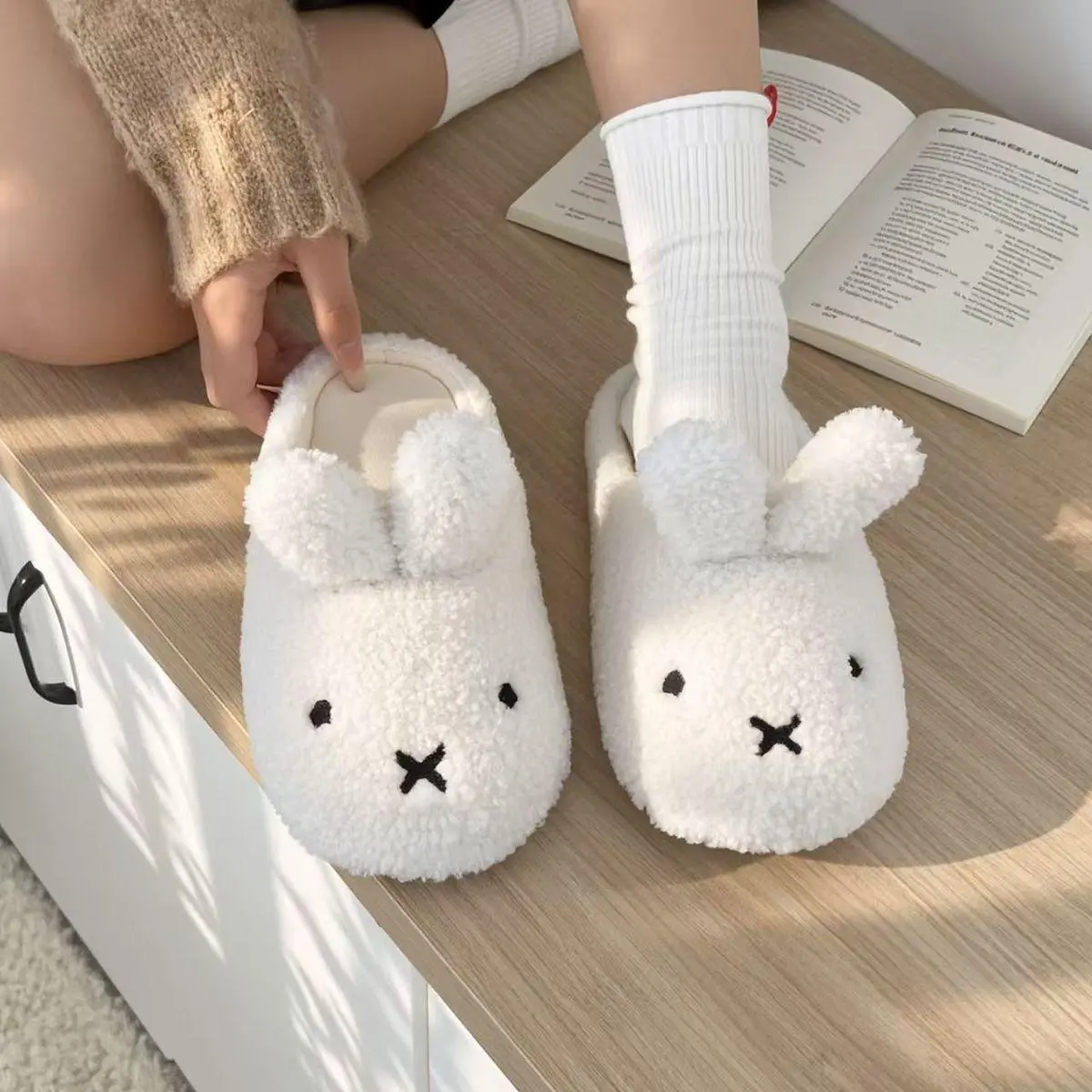 Kawaii Miffy Rabbit Slippers Fluffy Miffy Rabbit Cotton Slippers Princess Style Home Indoor Warm Headband Softsoled Cotton Shoes