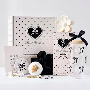 Birthday Gifts for Women Teen Girls, Coquette Black Bow Happy Birthday 7-in-1 Gift Box for Girl, Women, Sister, Daughter, Friends, Cute Black Bow Glass Cups Gift Set, Teen Girl Gifts Trendy Stuff