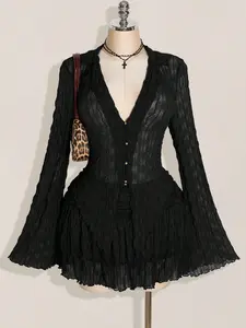 ICON Plus Size Lettuce Edge Asymmetric See-Through Top & Double Layer Cake Skirt Set – Trendy Two-Piece Autumn Outfit for Women