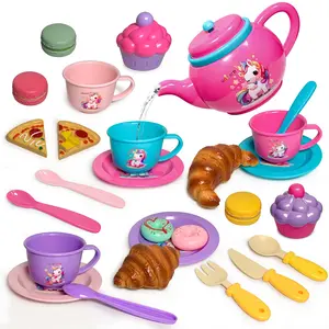 Unicorn Theme Tea Party Toy Set for Girls, Includes Realistic Desserts, Cakes, Pizza Bread, Teaware, Kitchen Toys, Easter Christmas Birthday Gift Box