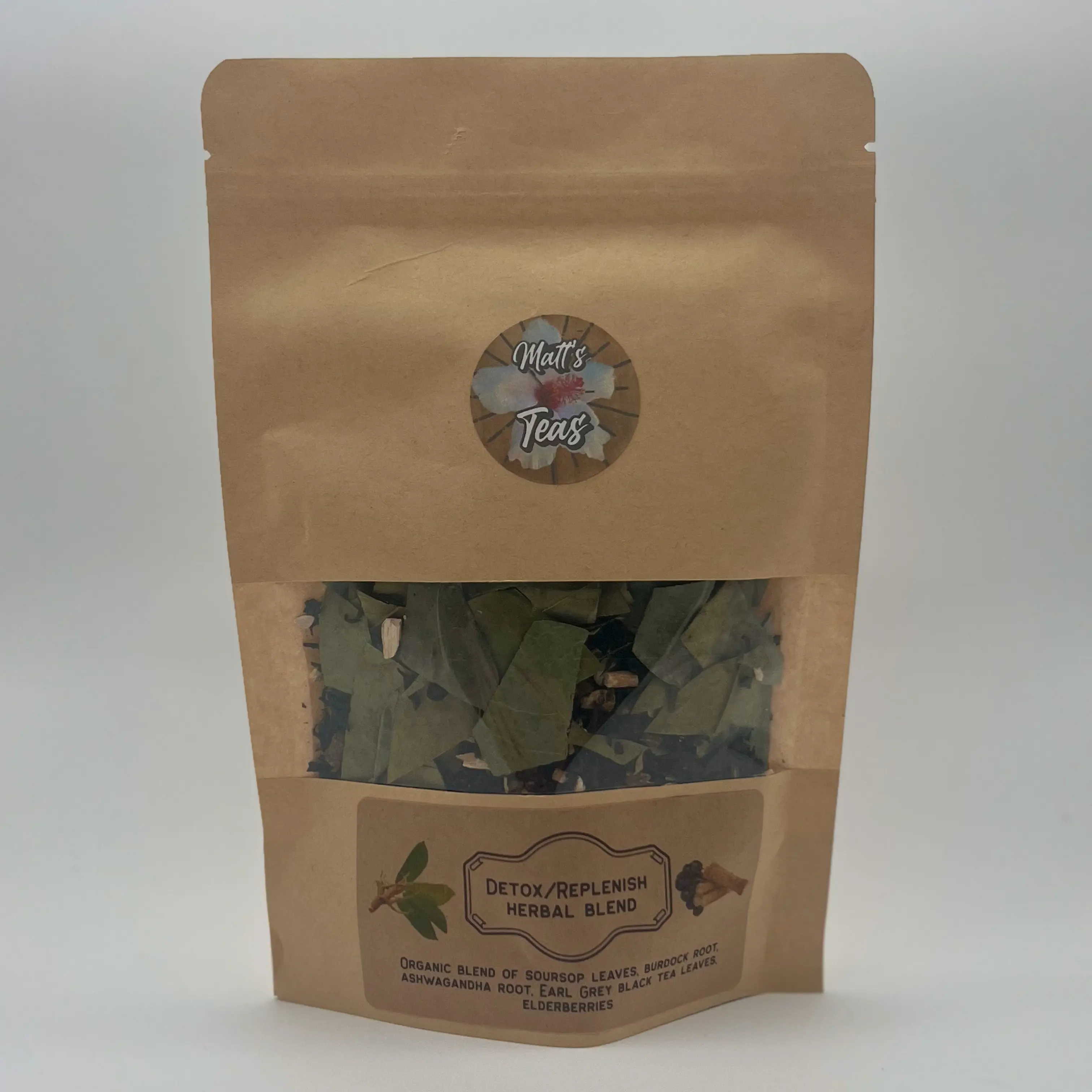 DetoxnReplenish Matt's Teas organic herbal tea blend soursop, burdock root ashwagandha root, Earl grey black tea, elderberries soursop tealeaves soursop tea antiinflammatory tea
