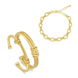 Aprilery Golden Radiant Cable Bracelet Set – Three-Piece Collection of Twisted Bangles and Sleek Chain Accent