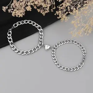 Matching Heart Charm Bracelets - Silver Tone Curb Chain Design for Couples Jewelry Gift