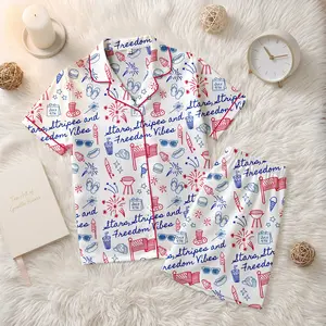 USA 250 Anniversary Pajamas, Patriotic Doodle Sleepwear Set, 4th of July Celebration, Stars Stripes and Freedom Vibes Pajamas, Red White Blue Sleepwear for Her