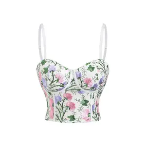 Floral Embroidery Bustier Top - Romantic Cottagecore Corset Top for Summer,Corset Top,Floral Print,Sweetheart Neckline