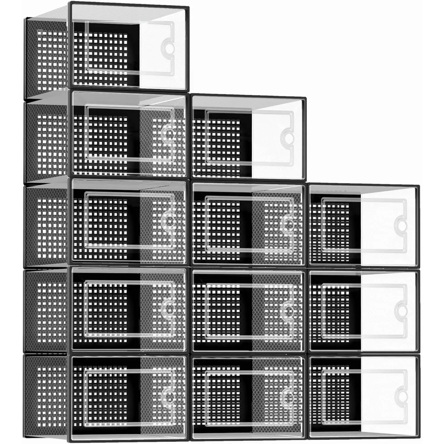 X-Large Shoe Storage Boxes Organizers Clear Plastic Stackable 12 Pack, Shoe Rack & Holder Substitute, Sneaker Containers,  Storage Organizer Bins for Entryway, Closet, Under Bed, Black