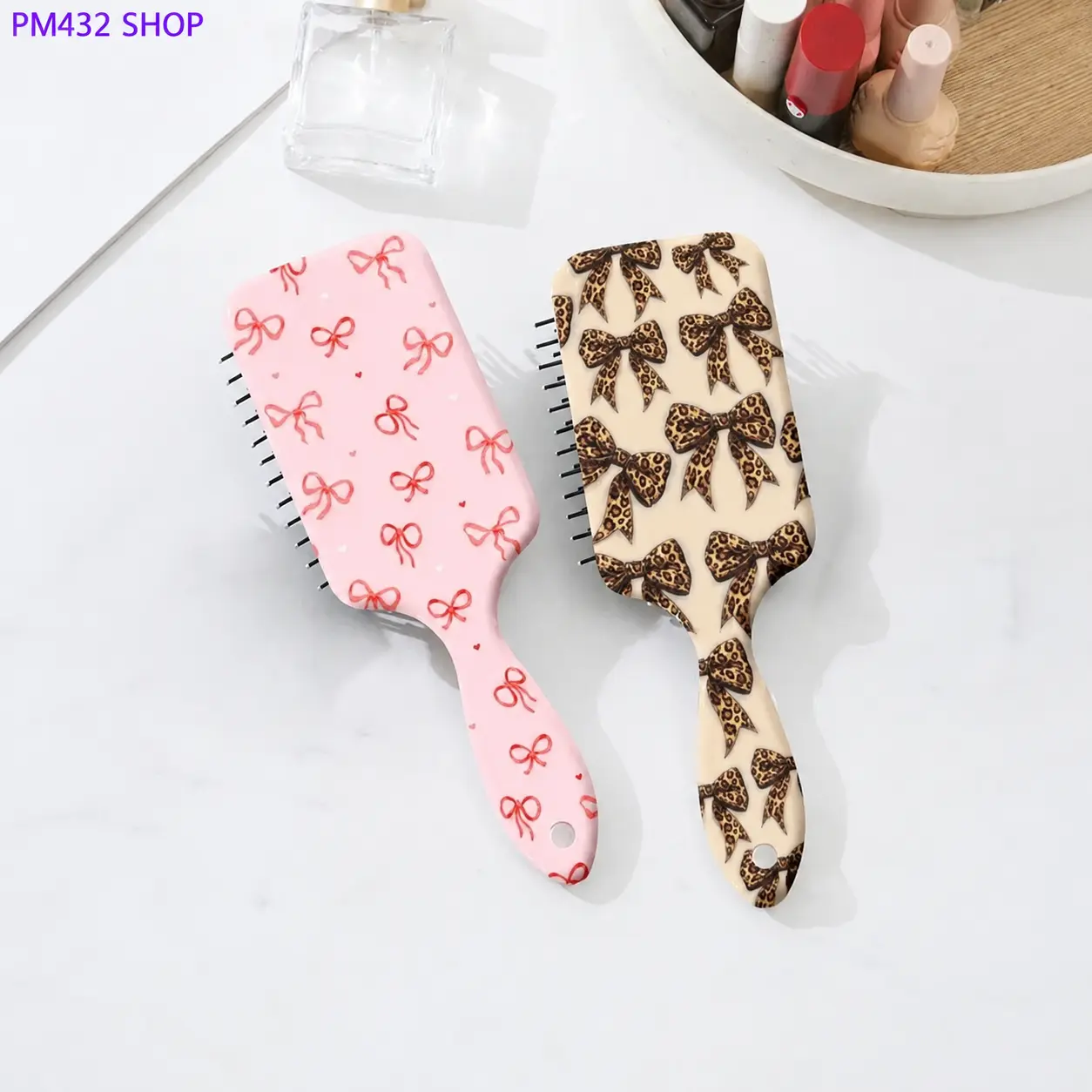 2-Piece Leopard Print Hair Brush Set with Bow Design, Gentle Detangling Cushion Hair Brushes for Women & Men, Lightweight Portable Hair Care Accessories for Daily Styling and Travel