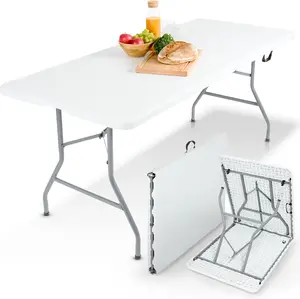 7-Foot Plastic Folding Table with Heavy-Duty Stainless Steel Legs and Built-in Handles, Suitable for Outdoor Camping, Parties, Weddings, Picnics, Christmas Gifts, Steam Iron, Table