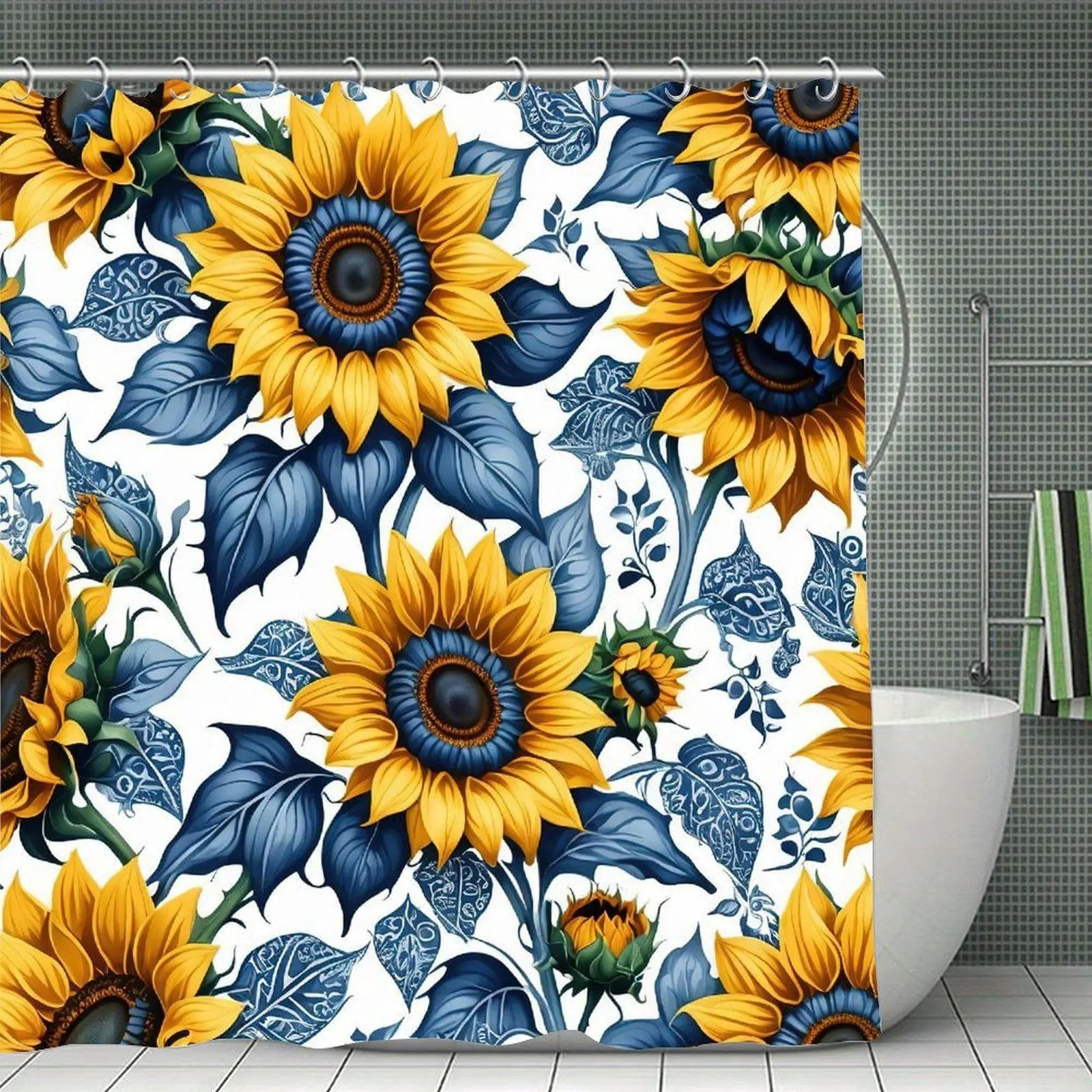 Sunflower Shower Curtain, Yellow Sunflowers with Navy Blue Leaves on White, Bold Botanical Floral Bathroom Decor