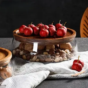 34 fl oz/1000ML Large Glass Bowl with Locking Wood Lid - Double-Layer Food-Safe Glass & Wood Storage Container for Nuts, Fruits, Grains, Oats, Cereal & Coffee Beans, Resuable Kitchen Glass Jar, Modern Kitchen Pantry Organier for Countertop, Microwave Safe