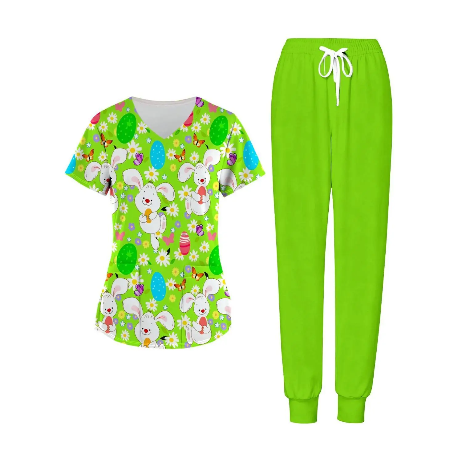 Easter Bunny Print V-Neck Top and Pants Plus Size Women's 2-Piece Set