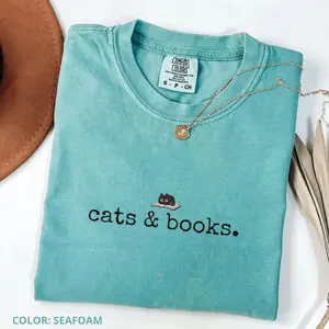 Comfort Colors Cats and Books Shirt, Book Lover T-shirt, Bookish Tee, Reading Tshirt, Trendy Graphic, Women's Casual Print Short Sleeve Tee