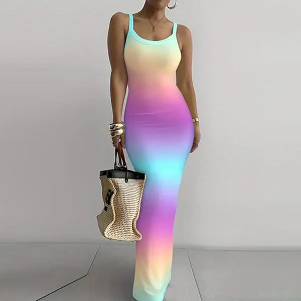 Women's tie-dye suspender maxi dress, fashion printed sleeveless suspender dress, 100% polyester, round neck, bodycon cut, knitted fabric, floral print for all seasons - Fashion suspender dress, adult