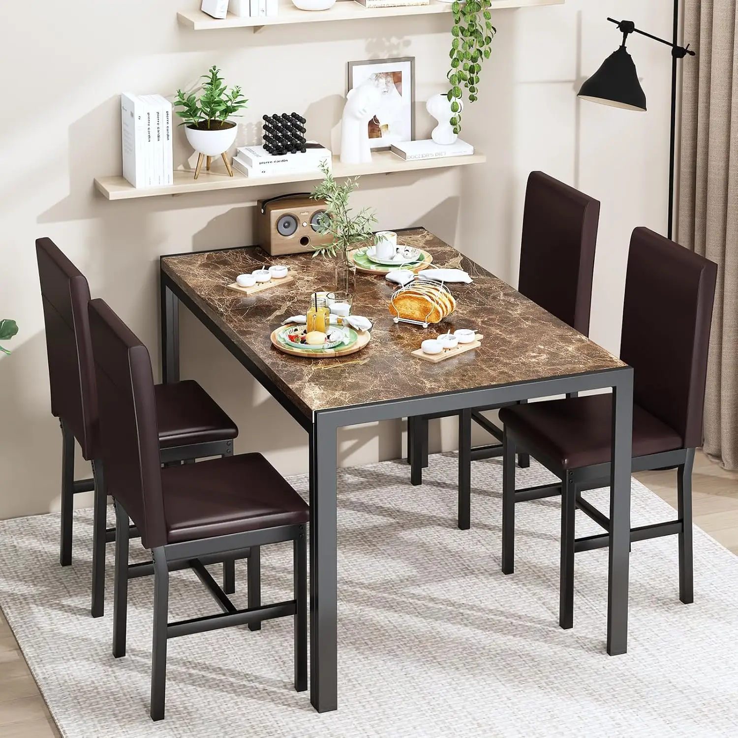 DKLGG Dining Table Set for 4, Modern Kitchen table with 4 PU Leather Chairs, Space-Saving Dinette Table Set for Home Kitchen, Restaurant