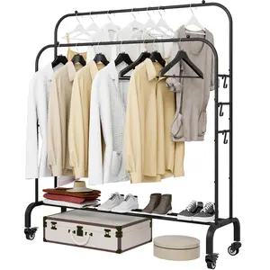 Garment Rack with Wheels Multi-functional Clothes Metal Rack for Bedroom Laundry Room Hanging Clothing Rack Hangable Shoe Organizer