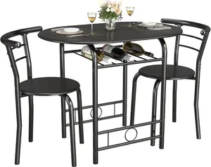 3-Piece Wooden Round Table & Chair Set, Space Saving Kitchen Breakfast Nook Wood Grain Tabletop with Metal Frame and Built-in Wine Rack for Kitchen, Dining Room (Black)