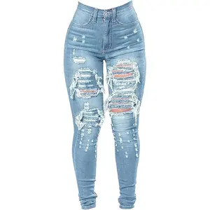 Women's high waisted plus size ripped jeans, slim fit ripped pants, elastic denim pants, gifts