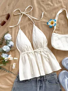 Women's Floral Textured Cami Top, Camisole Tops, Floral Print Cami, Casual Halterneck Sleeveless Top for Summer, Minimalist Fitted for Beach Holiday Vacation