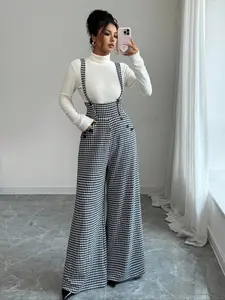 Women's Houndstooth Knit Wide Leg Pants, Spring & Fall Fashion, Loose-Fitting with Pockets and Button, Elegant Daily Commute Wear, Bottoms