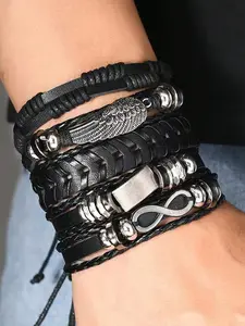 5 Pcs Punk Braided Bracelets Set, Hip Hop Fashion Jewelry, Unisex Gothic Accessories, Rock PU Leather Bracelets, Halloween