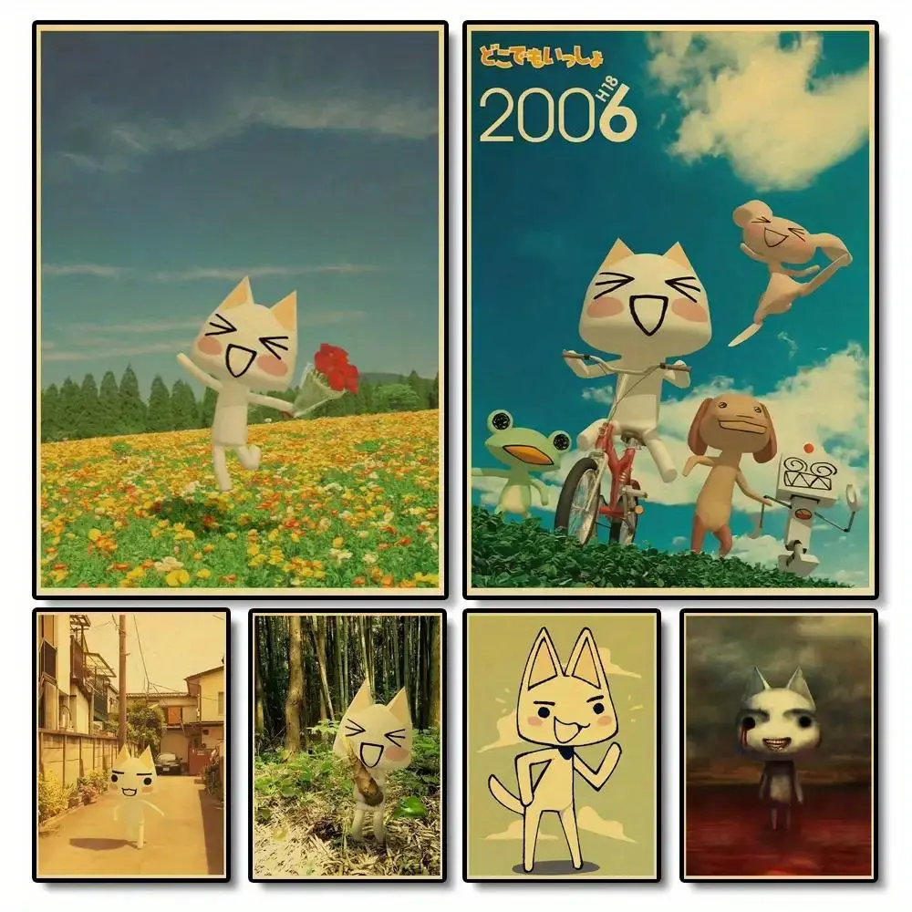 Cute Cartoon White Cat Retro Canvas Wall Art, Vintage Japanese Anime Character Print,  Room Decor Unframed Canvas Poster, Frame Not Included