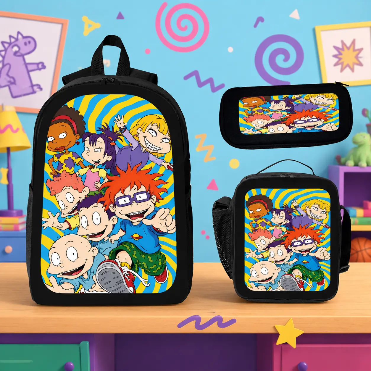 3PCS Rugrats Cartoon Character Backpack Set - Back to School Haul with Lunch Box, Pencil Case, Built-in Organizer, Aesthetic Daily Use Backpack for Teens, Great Back to School Gift, Cute, Holiday