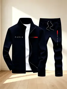 3D digital print sports set, versatile for everyday wear, fully coordinated casual sportswear, men’s two-piece zip set, Paris letter print sportswear, everyday jogging set