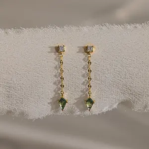 Agate Diamond Dangle Earrings by Caitlyn Minimalist - Green Moss Agate Stud Earrings - Mirror Chain Earrings - Art Deco Jewelry - Birthday Gift