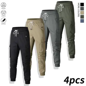 4PCS Men’s Summer Long Pants – Breathable fabric, elastic waistband with cuffs, pockets included – Solid-color outdoor casual sports pants, machine washable, comfortable fit close to the body, various styles, durable material, ideal for outdoor use.