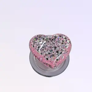 Appalachian Artisans Magnetic Collapsible Grip Stand for Kindle iPad iPhone Galaxy Smartphones Pink Glitter Heart Transparent Aluminium Base