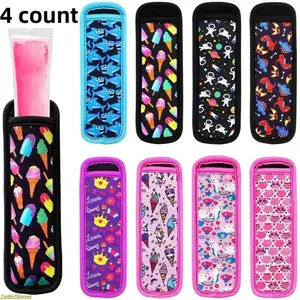 Random Colors Popsicle Sleeves – Set of 4 | Neoprene Insulated Popsicle Holders | Freezer Pop Sleeves | Reusable & Washable Kitchen Accessories for Summer Desserts, Ice Cream, and Popsicles | Kitchenware,summervibes