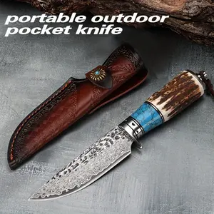 Handcrafted Damascus Steel Fixed Blade Knife - 8 Inch Spear Point Blade with Exotic Antler Handle, Flat Edge, Lightweight, NonFolding, with Leather Sheath Damascus Steel Knife - Beautiful Knife