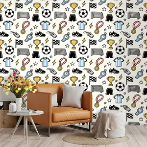1PC PVC wallpaper featuring a fun cartoon soccer ball, trophy, and jersey design. Adhesive backing for easy application; peel and stick. Suitable for wall coverings, decorating old walls, and home renovations. A must-have for soccer enthusiasts.