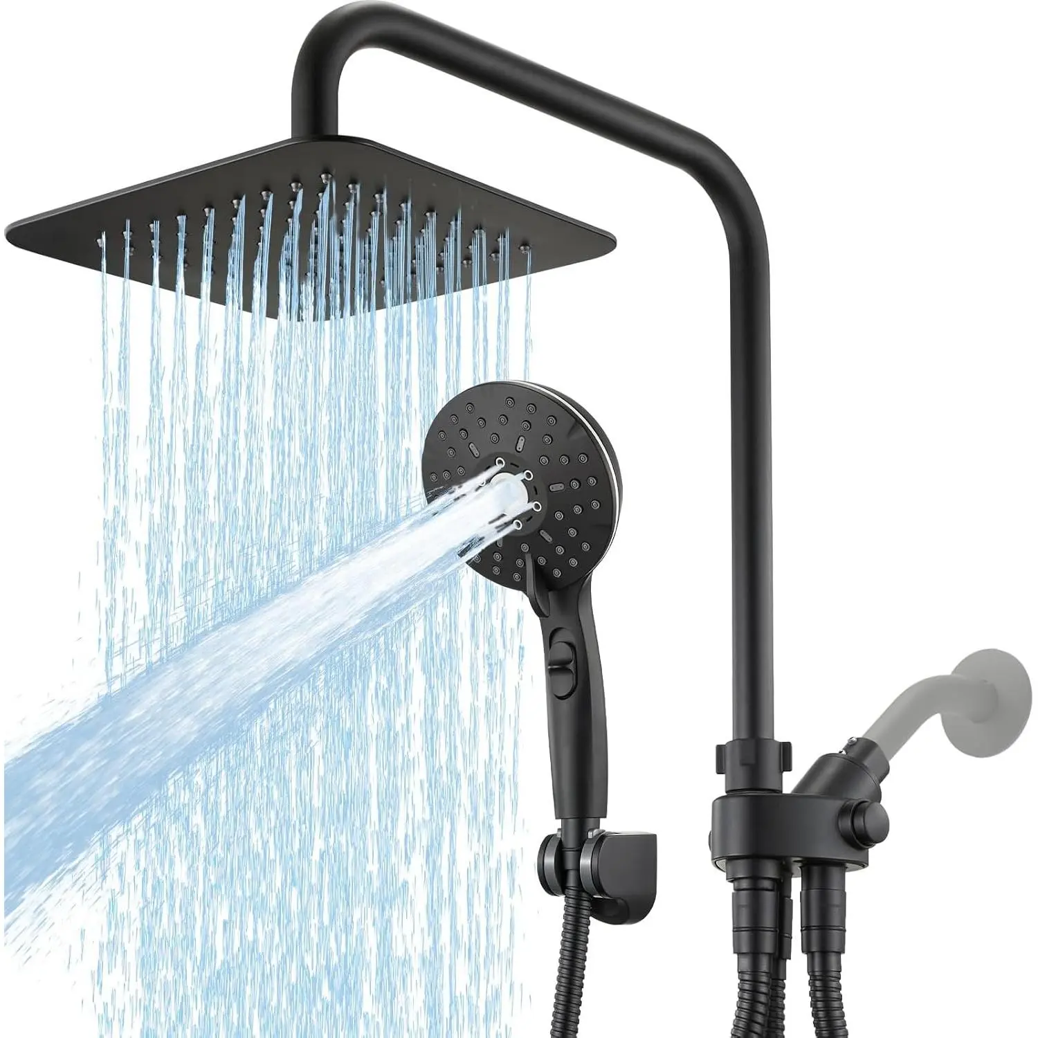 8" Dual Shower  Combo, High  Rainfall Shower  with Handheld, 6 Spray Settings Angle Adjustable Handheld Shower  with Pause, Height Adjustable, Matte Black