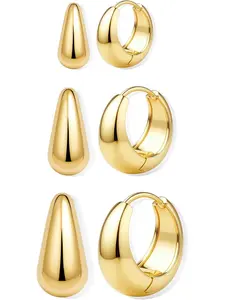 3Pairs 14K Gold Plated Hoop Earrings Set for Women Chunky Tear Drop Earring Silver Plated Hypoallergenic Small Huggie Hoops Lightweight Tiny Thick Trendy Hoop Earrings Stacks for Multiple Piercing