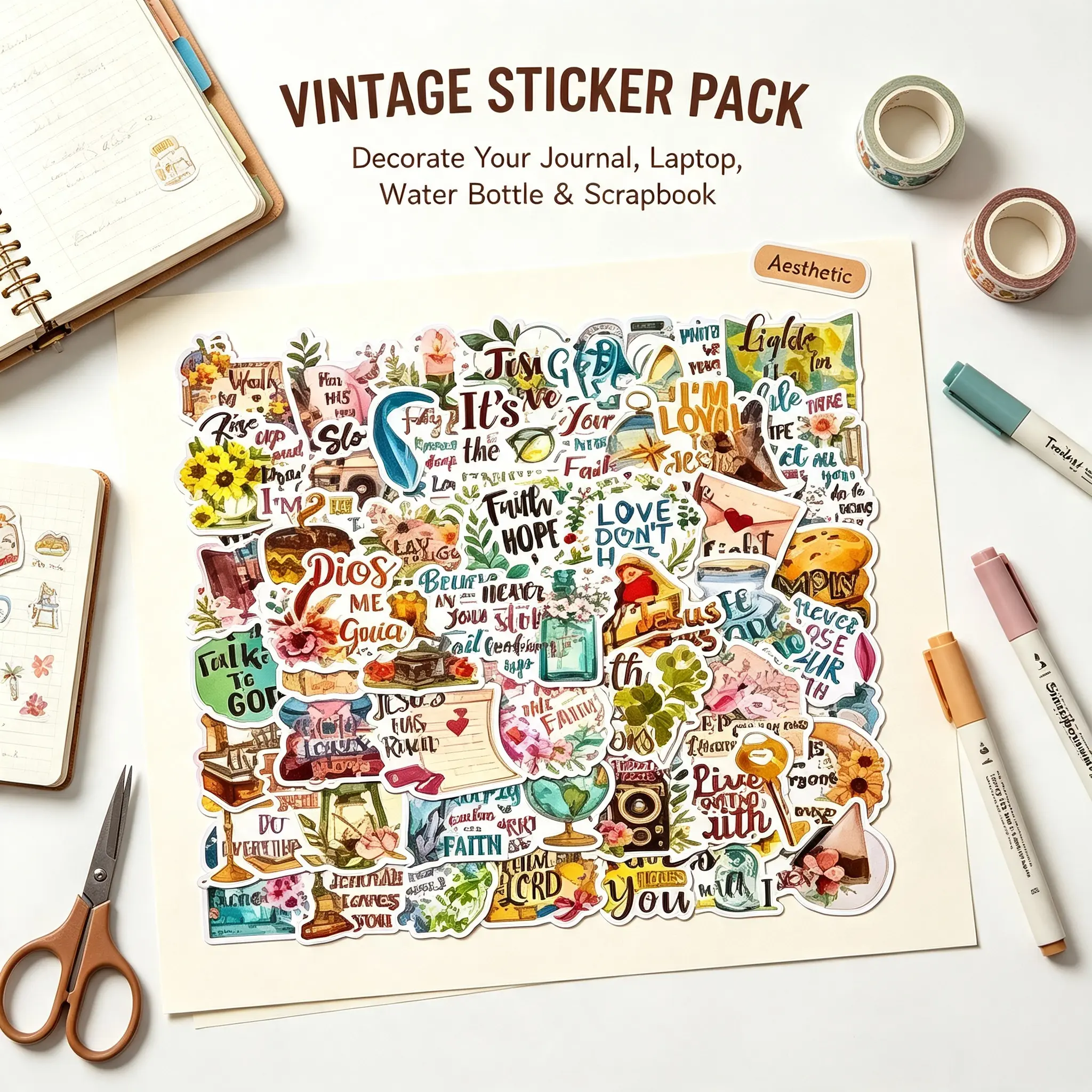 Vintage Sticker Pack for Journal Laptop Water Bottle & Scrapbook Aesthetic Decorative Stickers